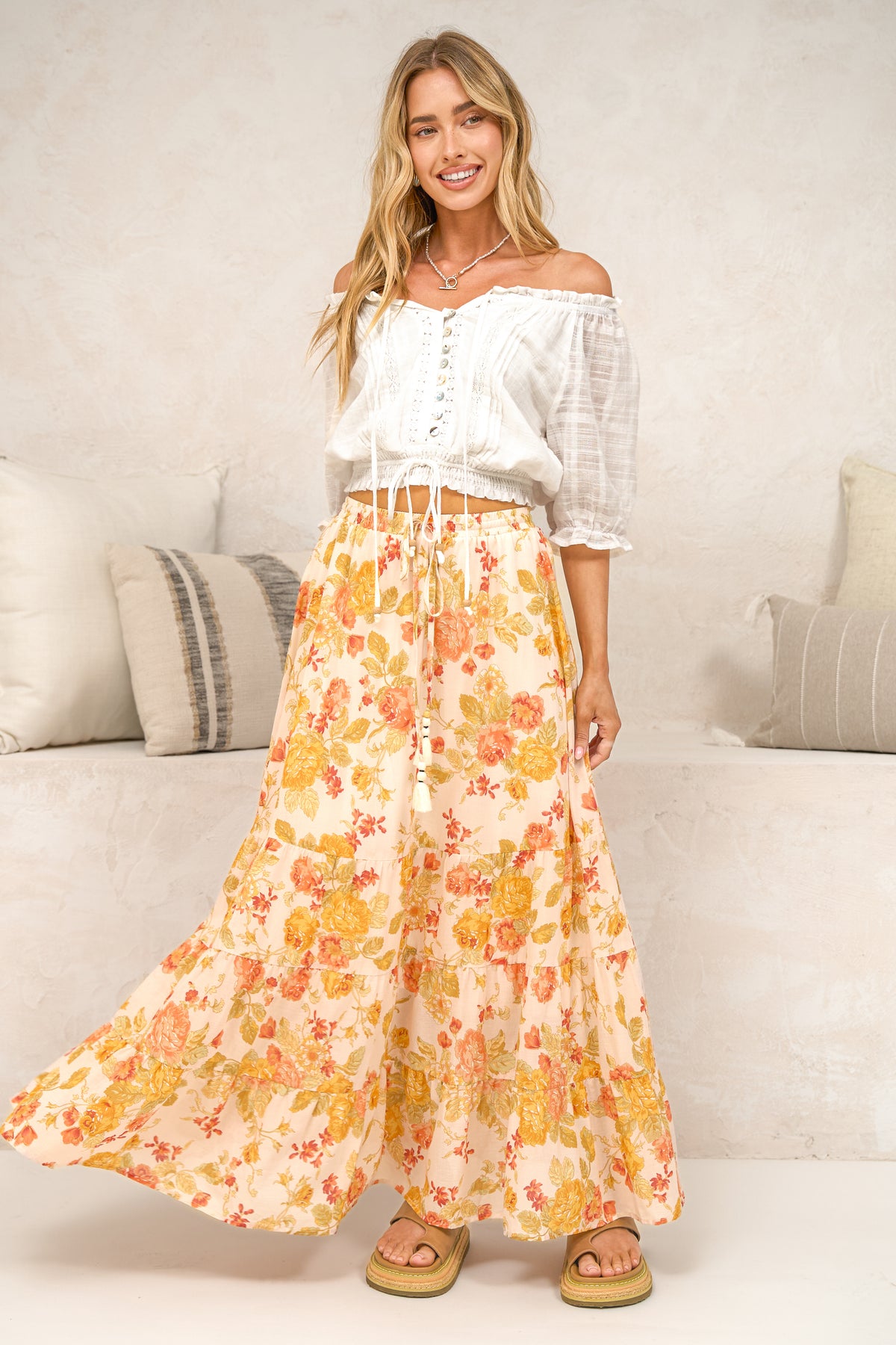 Poppy Maxi Skirt - High Waisted Tiered Skirt with Tassel Waist Tie in Alynda Print