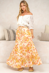 Poppy Maxi Skirt - High Waisted Tiered Skirt with Tassel Waist Tie in Alynda Print