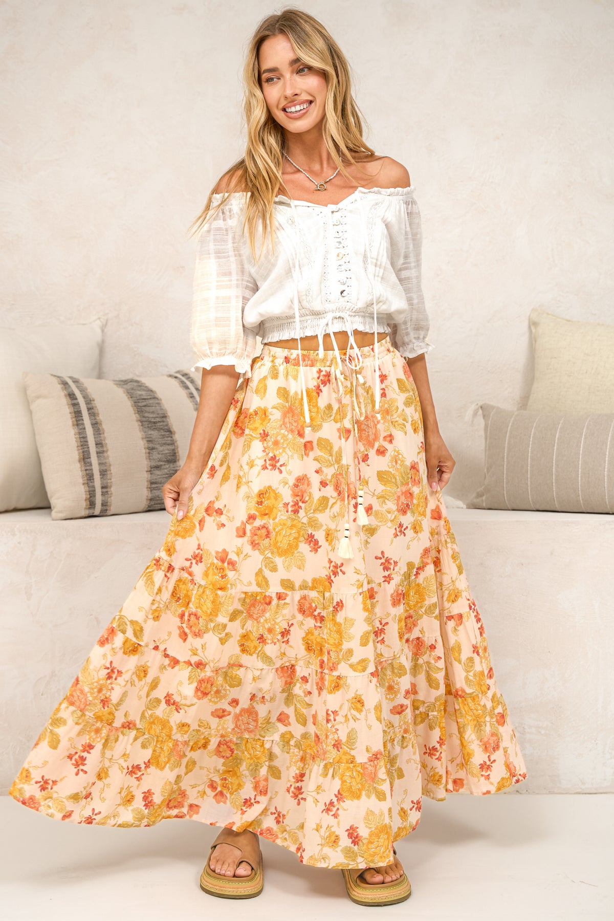 Poppy Maxi Skirt - High Waisted Tiered Skirt with Tassel Waist Tie in Alynda Print