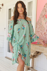 Poppy Mini Dress - Elasticated Off the Shoulder Crochet Trim Sleeves Dress in Maribel Print