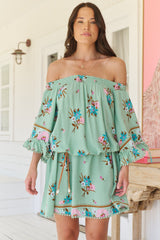 Poppy Mini Dress - Elasticated Off the Shoulder Crochet Trim Sleeves Dress in Maribel Print