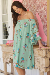 Poppy Mini Dress - Elasticated Off the Shoulder Crochet Trim Sleeves Dress in Maribel Print