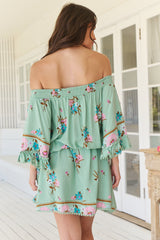 Poppy Mini Dress - Elasticated Off the Shoulder Crochet Trim Sleeves Dress in Maribel Print