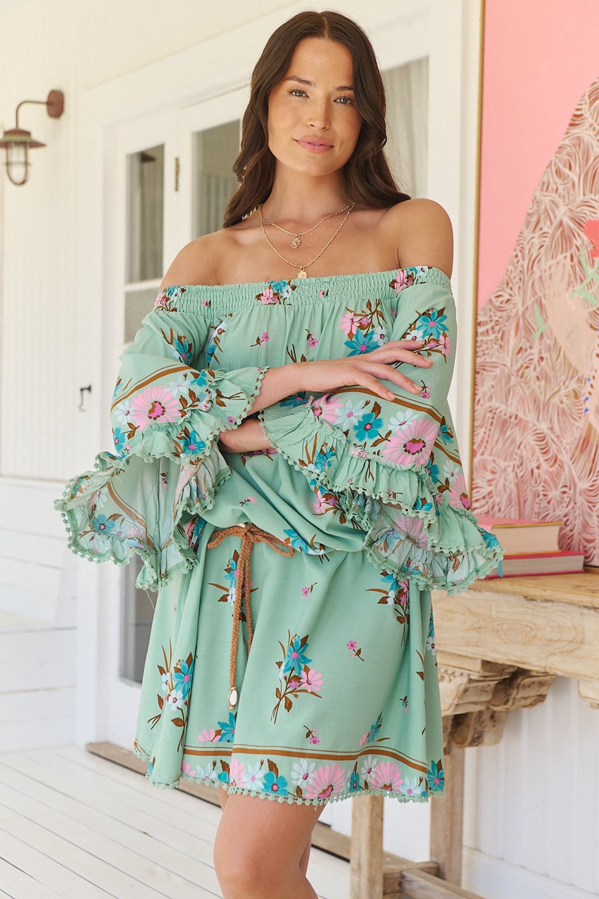 Poppy Mini Dress - Elasticated Off the Shoulder Crochet Trim Sleeves Dress in Maribel Print