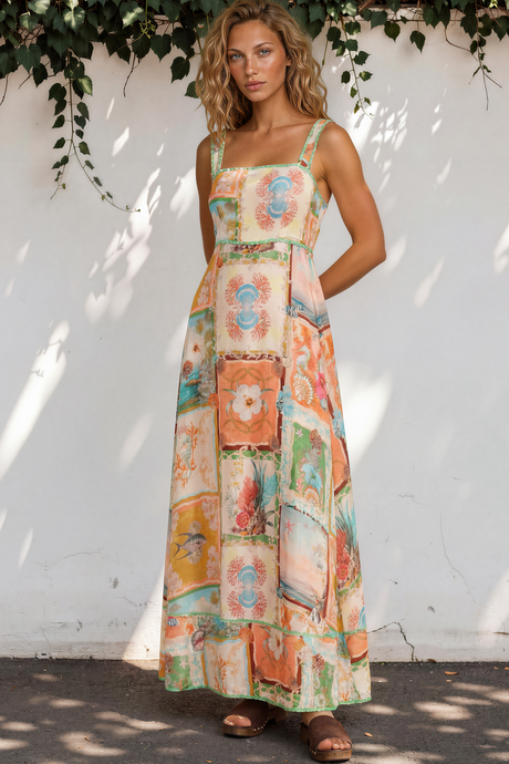 Model wearing Poppy Maxi Dress in Iluka Print from Salty Crush
