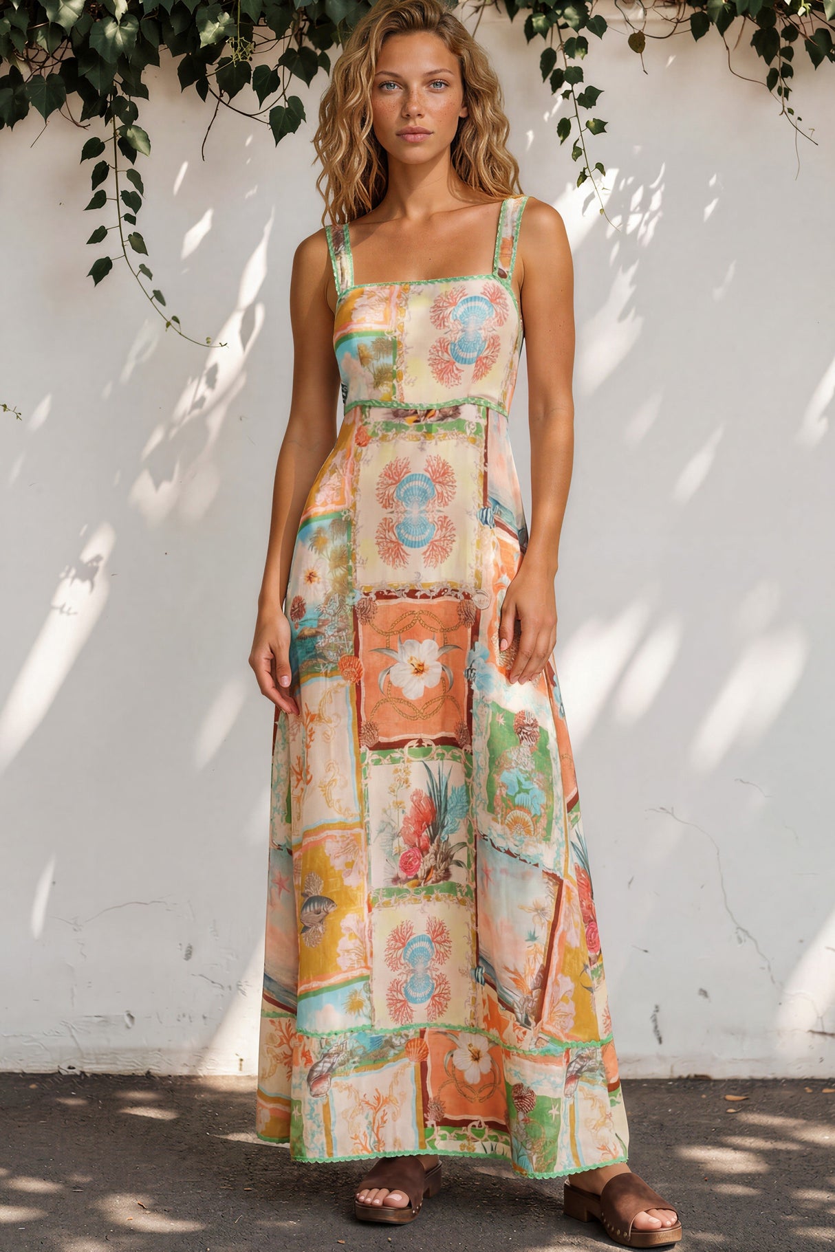 Model wearing Poppy Maxi Dress in Iluka Print from Salty Crush