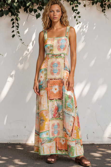 Model wearing Poppy Maxi Dress in Iluka Print from Salty Crush