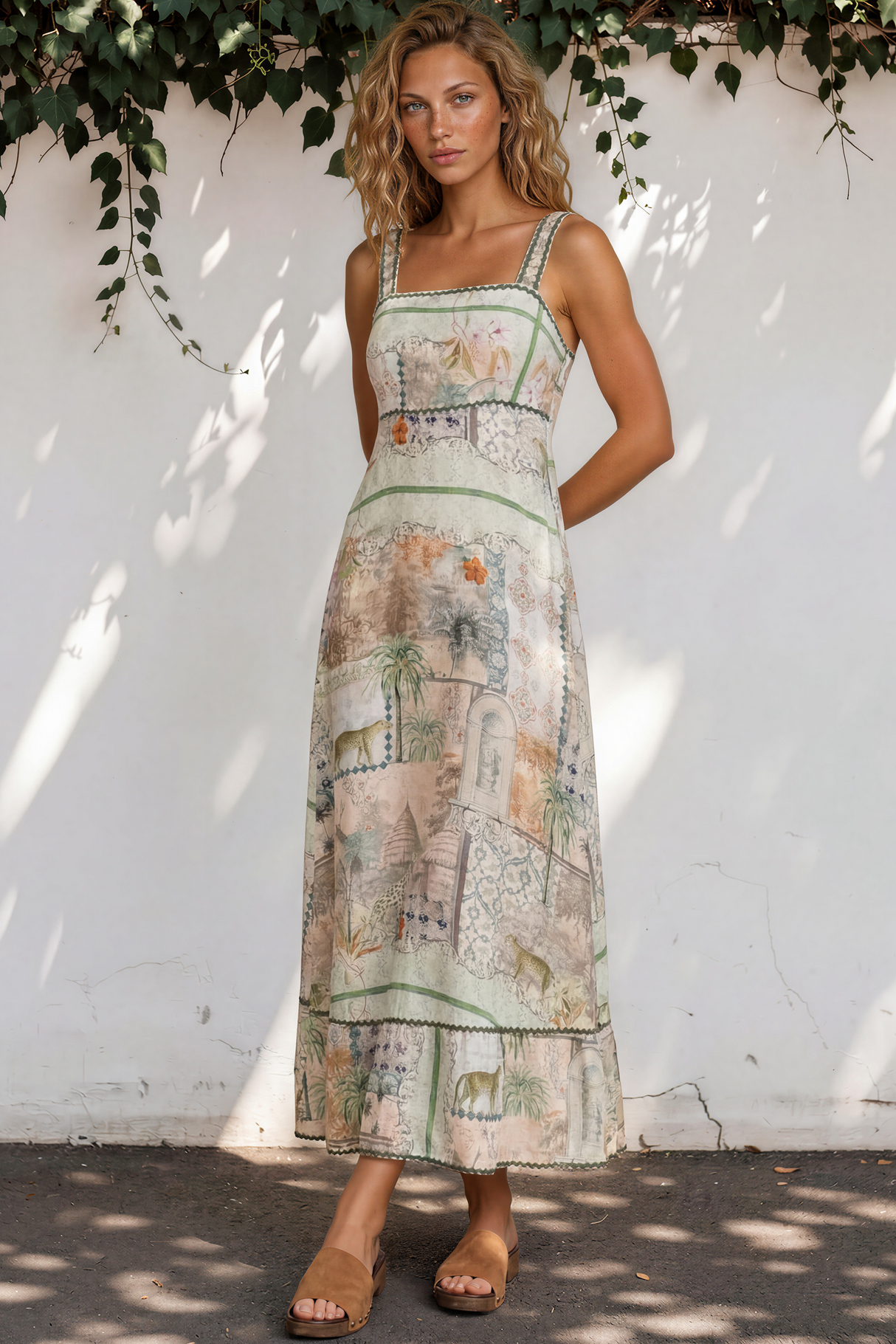 Woman wearing a patterned dress standing against a white wall with greenery.