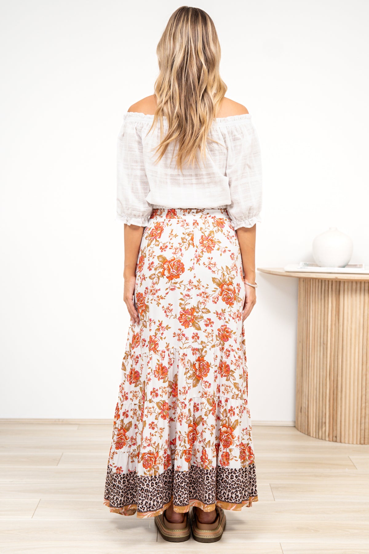 Poppy Maxi Skirt - High Waisted Tiered Skirt with Tassel Waist Tie in Maranta Print