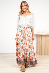 Poppy Maxi Skirt - High Waisted Tiered Skirt with Tassel Waist Tie in Maranta Print
