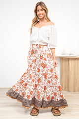 Poppy Maxi Skirt - High Waisted Tiered Skirt with Tassel Waist Tie in Maranta Print