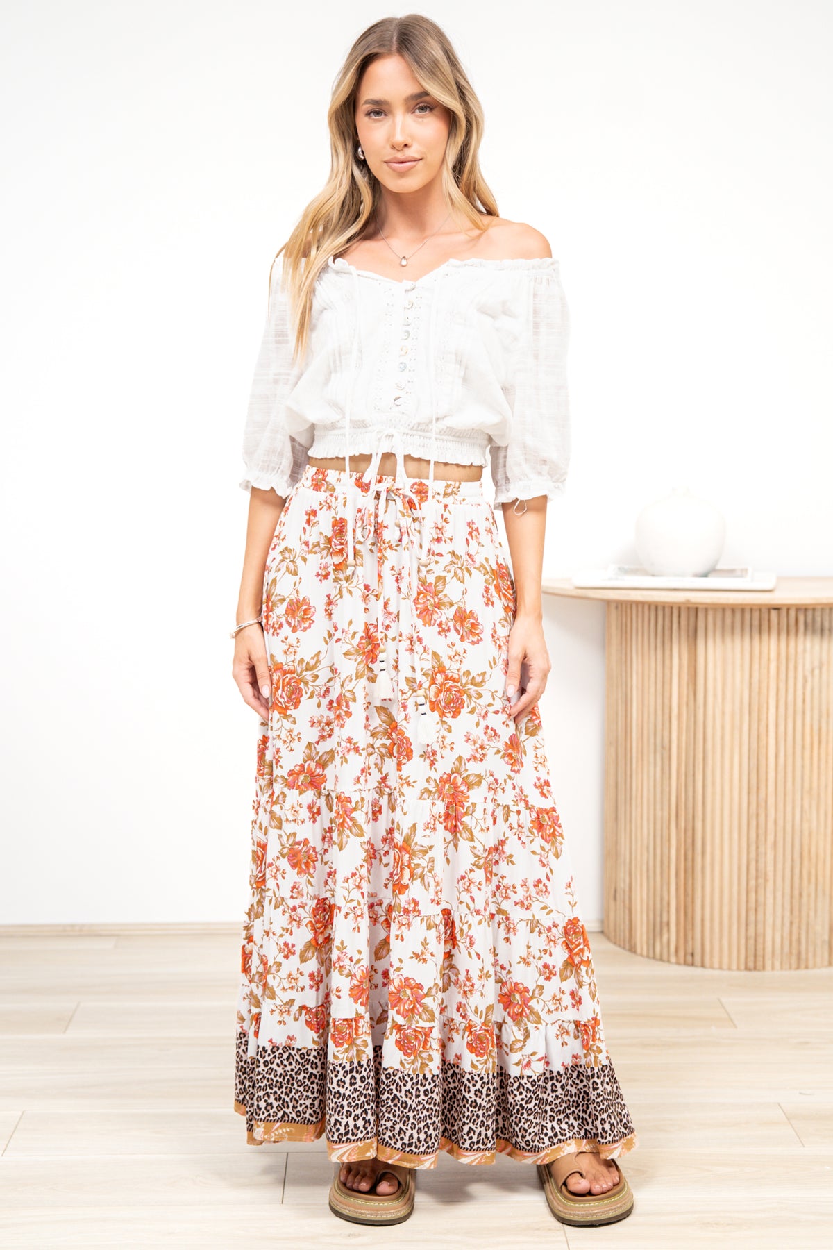 Poppy Maxi Skirt - High Waisted Tiered Skirt with Tassel Waist Tie in Maranta Print