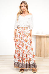 Poppy Maxi Skirt - High Waisted Tiered Skirt with Tassel Waist Tie in Maranta Print