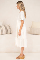Porcelaine Midi Dress - V Neck Dress with Keyhole Button Back and Shrot Frill-Trimmed Sleeves in White