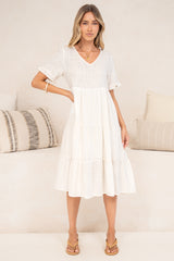 Porcelaine Midi Dress - V Neck Dress with Keyhole Button Back and Shrot Frill-Trimmed Sleeves in White