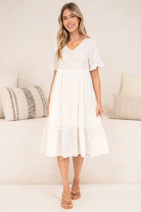 Porcelaine Midi Dress - V Neck Dress with Keyhole Button Back and Shrot Frill-Trimmed Sleeves in White