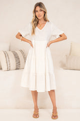 Porcelaine Midi Dress - V Neck Dress with Keyhole Button Back and Shrot Frill-Trimmed Sleeves in White