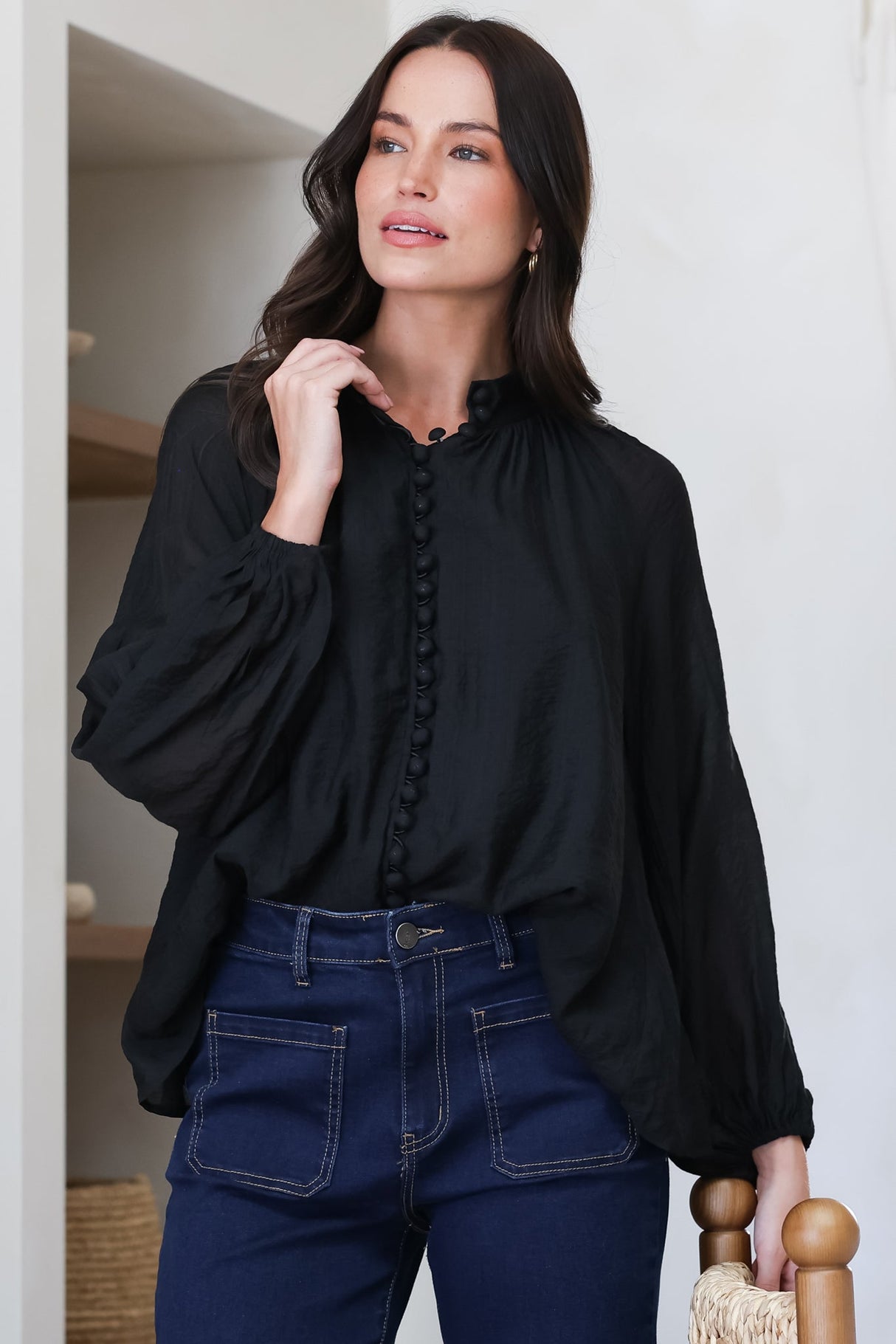 Portia Blouse - Button Down Mandarin Collar Shirt in Black