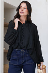 Portia Blouse - Button Down Mandarin Collar Shirt in Black