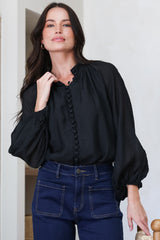 Portia Blouse - Button Down Mandarin Collar Shirt in Black