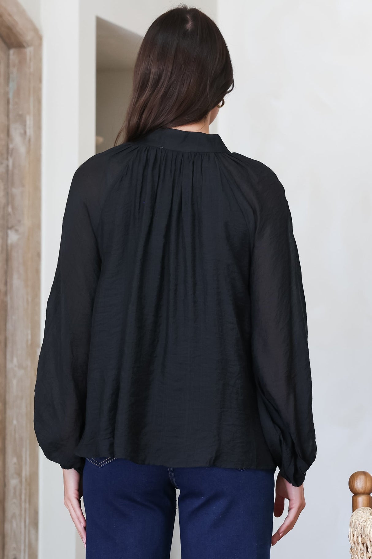 Portia Blouse - Button Down Mandarin Collar Shirt in Black