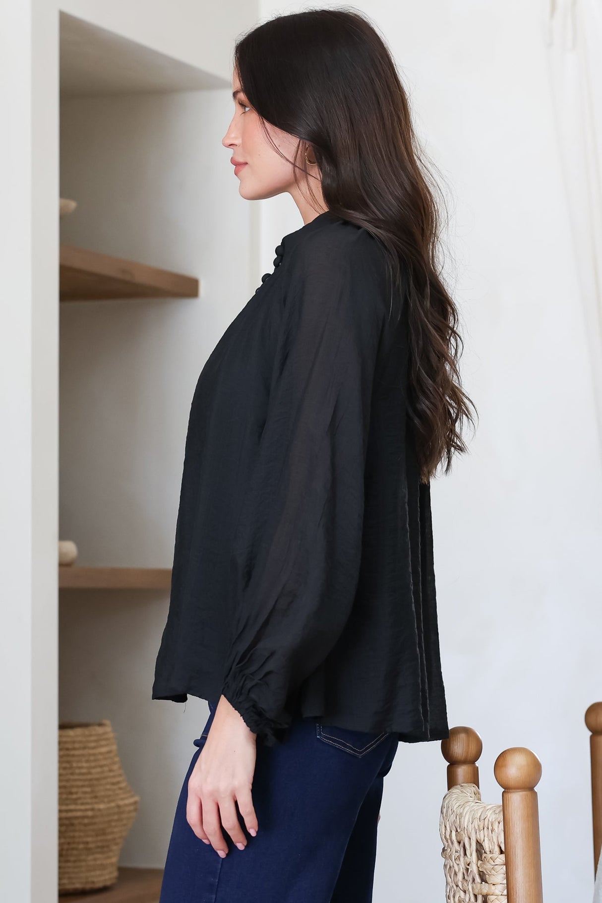 Portia Blouse - Button Down Mandarin Collar Shirt in Black