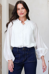 Portia Blouse - Button Down Mandarin Collar Shirt in Cream