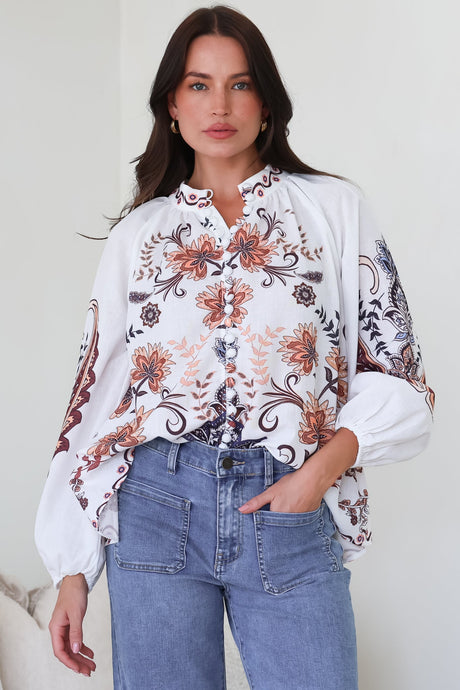 Portia Blouse - Button Down Mandarin Collar Shirt in Magah Print