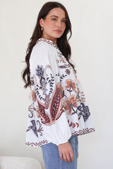 Portia Blouse - Button Down Mandarin Collar Shirt in Magah Print