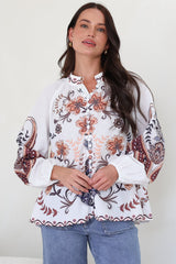 Portia Blouse - Button Down Mandarin Collar Shirt in Magah Print