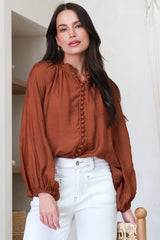 Portia Blouse - Button Down Mandarin Collar Shirt in Rust