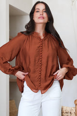 Portia Blouse - Button Down Mandarin Collar Shirt in Rust