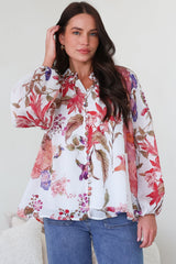 Portia Blouse - Button Down Mandarin Collar Shirt in Windward Print