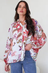 Portia Blouse - Button Down Mandarin Collar Shirt in Windward Print