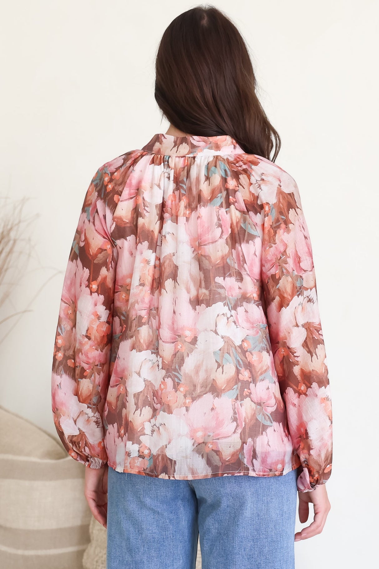 Portia Blouse - Button Down Mandarin Collar Shirt in Serafina Print