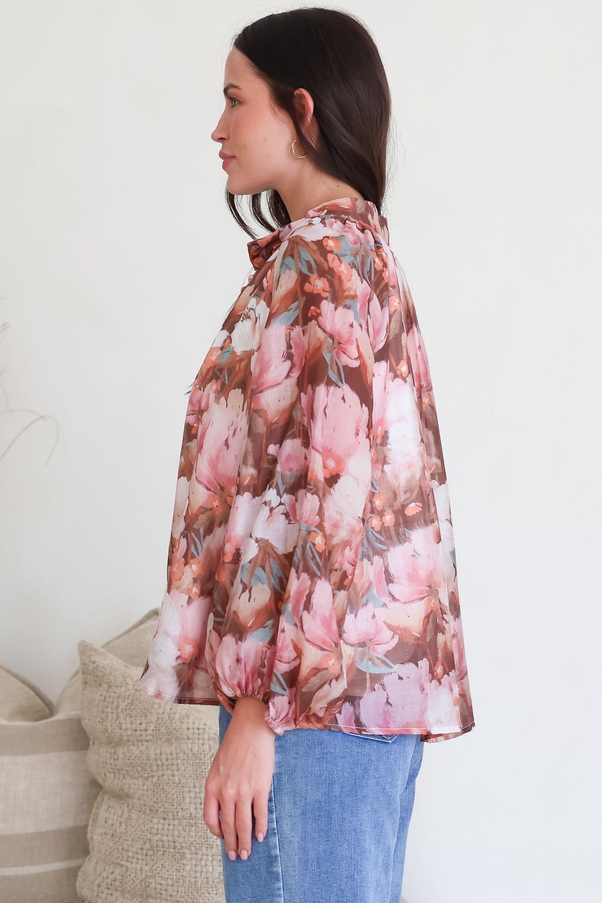 Portia Blouse - Button Down Mandarin Collar Shirt in Serafina Print