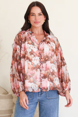 Portia Blouse - Button Down Mandarin Collar Shirt in Serafina Print