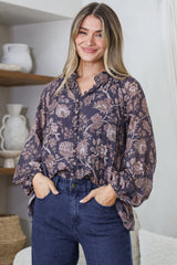 Portia Blouse - Button Down Mandarin Collar Shirt in Tamzin Print Navy