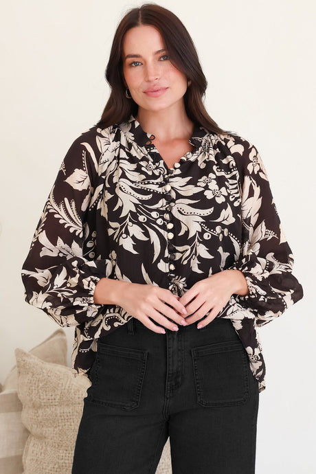 Portia Blouse - Button Down Mandarin Collar Shirt in Vendetta Print