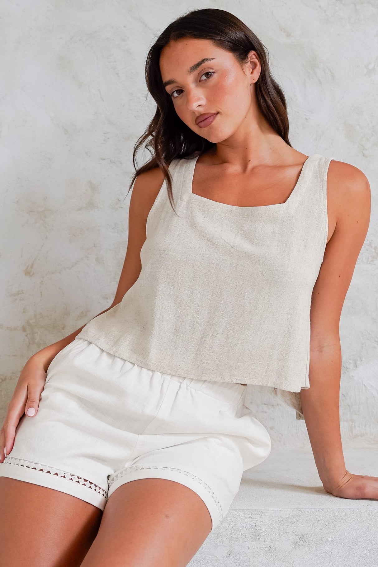 Prinnie Top - Square Neckline Open Back Crop Top in Oatmeal