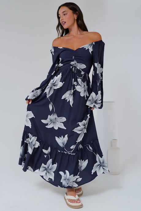 Priscilla Maxi Dress - On or Off Shoulder A Line Dress with Elasticated Back in Midnight Lily Print