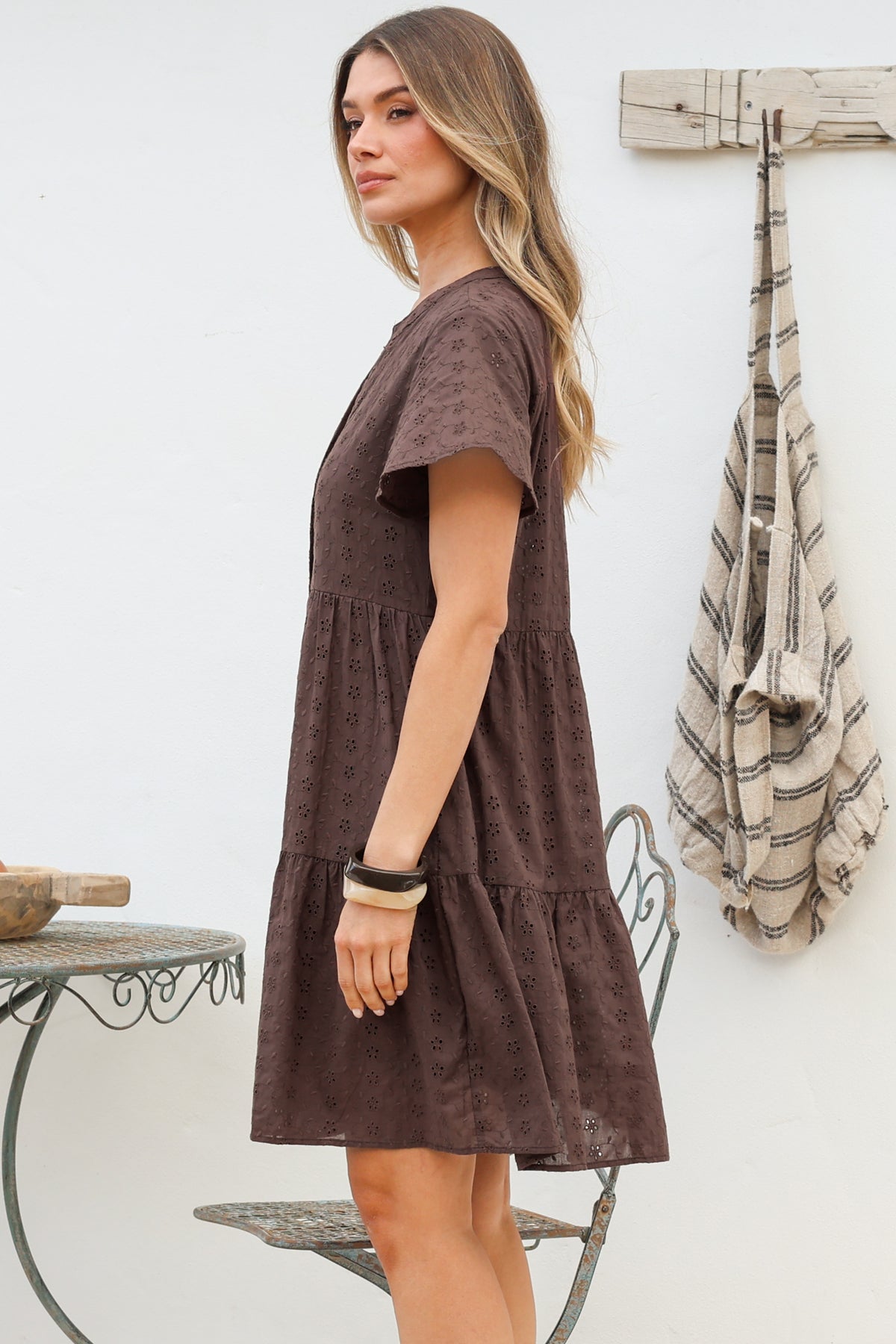Prisha Mini Dress - Mandarin Split Collar Cotton Lace Button Down with Cap Sleeves in Chocolate