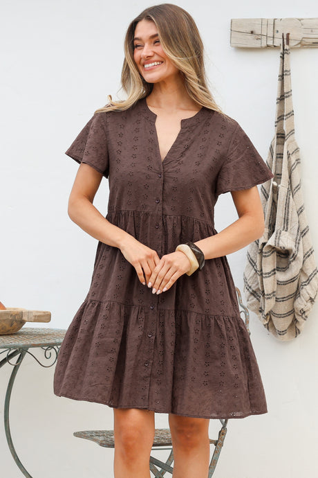 Prisha Mini Dress - Mandarin Split Collar Cotton Lace Button Down with Cap Sleeves in Chocolate