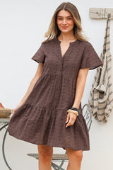 Prisha Mini Dress - Mandarin Split Collar Cotton Lace Button Down with Cap Sleeves in Chocolate