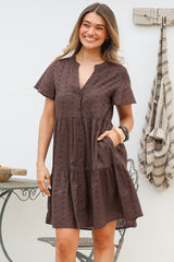 Prisha Mini Dress - Mandarin Split Collar Cotton Lace Button Down with Cap Sleeves in Chocolate