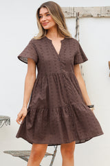 Prisha Mini Dress - Mandarin Split Collar Cotton Lace Button Down with Cap Sleeves in Chocolate