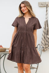 Prisha Mini Dress - Mandarin Split Collar Cotton Lace Button Down with Cap Sleeves in Chocolate