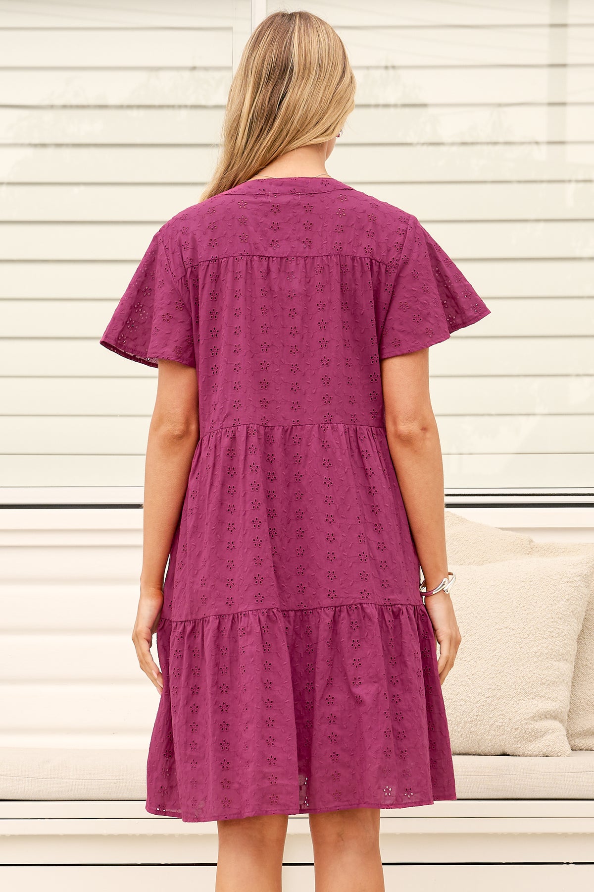 Model wearing Prisha Mini Dress in Wine from Salty Crush