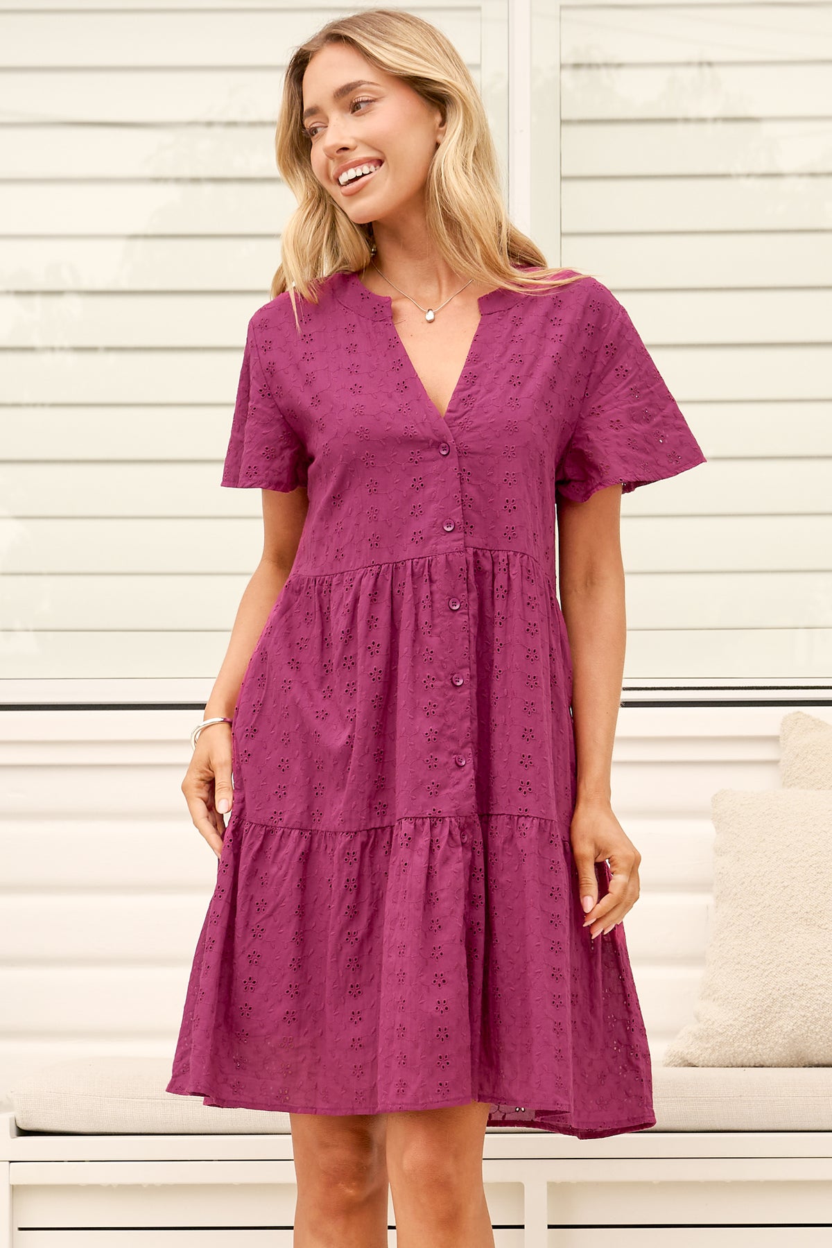 Model wearing Prisha Mini Dress in Wine from Salty Crush