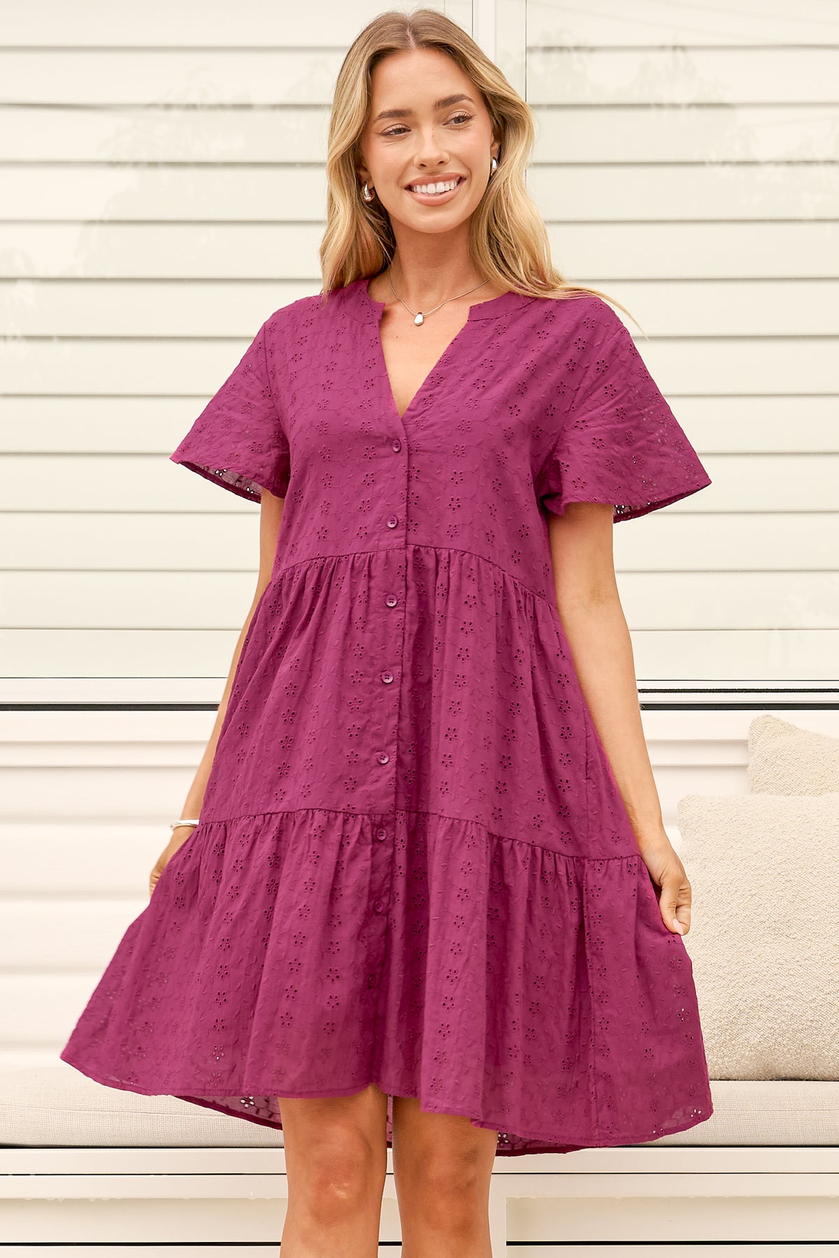 Model wearing Prisha Mini Dress in Wine from Salty Crush